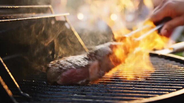 grilling steak on outdoor barbecue grill.