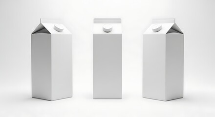 Three identical blank white milk cartons with screw caps on a clean white background
