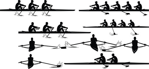Rowing sport silhouettes collection featuring single and team rowers paddling racing boats, water sport athlete action vector illustration set isolated on white background © Shoentesh