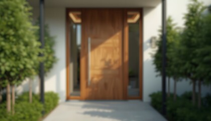Fototapeta premium Blurred Modern Home Entrance Wooden Door Green Foliage Minimalist Bokeh Background. Modern blurred background photo for banner, poster or magazine and website background.