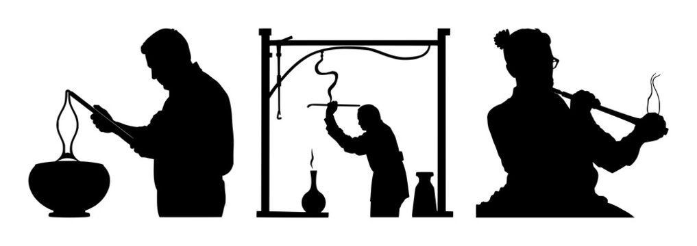 Glassblower silhouette set with solid black outline and blowpipe shaping molten glass featuring glassblowing, artisan work, molten glass with fire and furnace