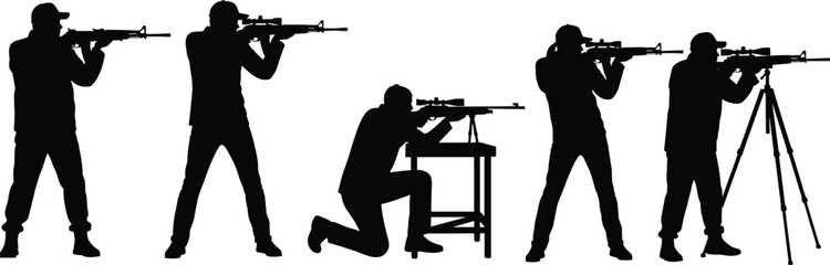 Sniper shooter silhouettes collection featuring marksman aiming rifle in tactical shooting positions, military vector illustration set isolated on white background © Shoentesh