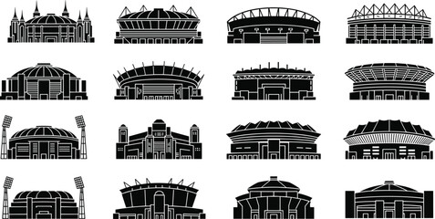 Stadium building silhouettes collection featuring modern sport arenas, football stadium architecture icons, large event venues and arena structures vector set isolated on white background © Shoentesh