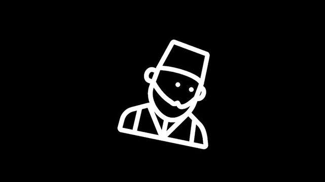 Stylized line art icon of a man wearing a fez hat and traditional clothing on a black background