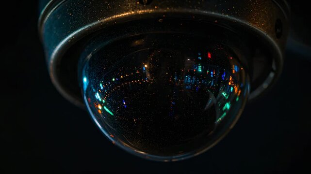 Vertical video: Showing dome camera catching glints from passing cars at entry, mount ring and dust