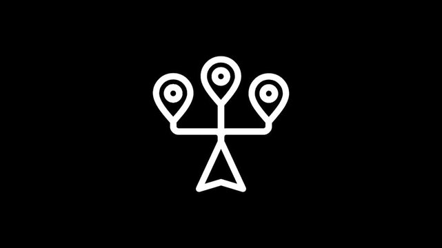 Abstract representation of multiple location pins connected to a navigation arrow on a black background