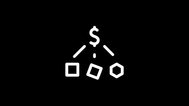 Financial decision tree with diverse outcomes represented by geometric shapes and dollar sign
