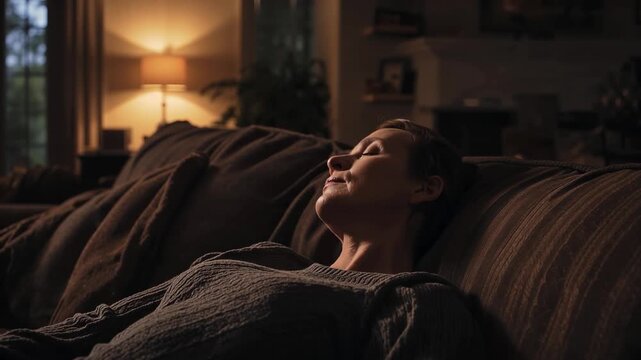 Reclining middle-aged woman tilting chin slowly in living room, with patterned couch, lamp, sweater