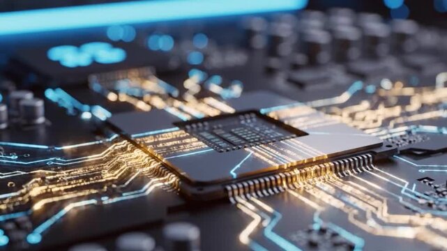 Extreme Macro View of Futuristic AI Microchip with Glowing Data Streams on Circuit Board