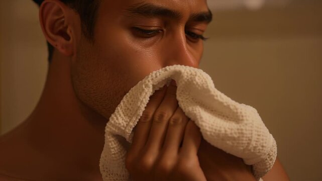 Vertical video: Furrowing brow shirtless man pressing towel to face in bathroom inhaling to wipe