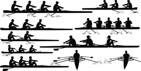 Rowing team silhouettes collection featuring multiple crew boat formations, athletes paddling in sync on water, black vector style illustration isolated on white  © Shoentesh