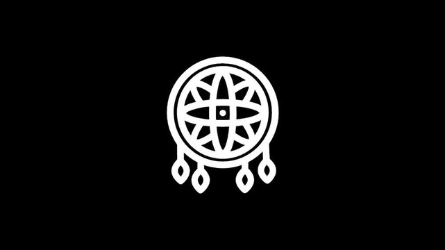 Stylized dreamcatcher icon with geometric patterns and dangling feathers on a black background