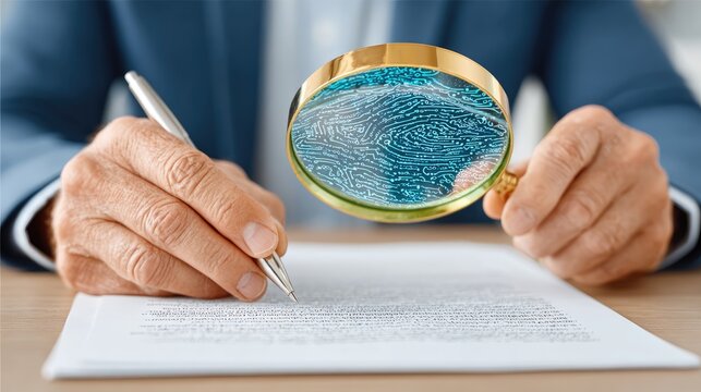 Businessman scrutinizing digital contract with magnifying glass. Tech expert revealing circuit board data, a concept for LawTech, cybersecurity, and digital due diligence.
