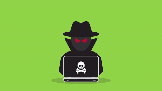 Cybersecurity Hacker Attack Animation &ndash; Anonymous Cyber Criminal with Laptop and Malware Skull Symbol, Internet Security Threat, Data Breach, Phishing, Ransomware and Hacking Concept