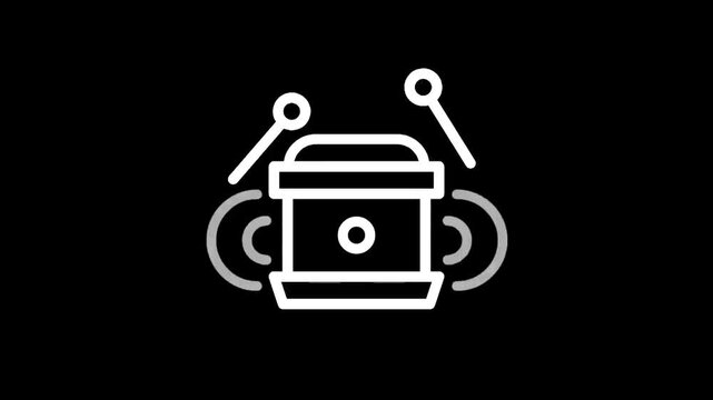 Simple line art icon of a drum with drumsticks and sound waves on a black background