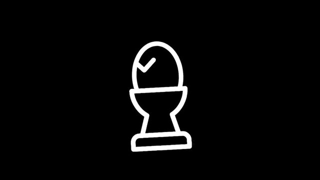 Simple white line art icon of a boiled egg in an egg cup on a black background