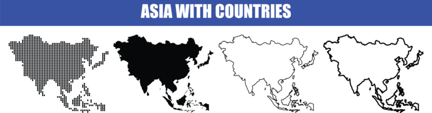 Asia map with countries, vector illustration of the asian continent outline in different styles and colors on a transparent background