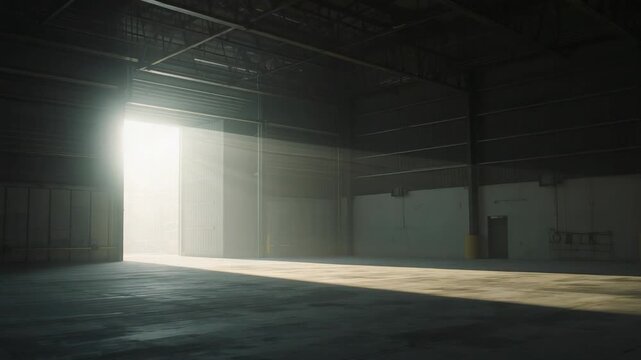 Vertical video: Opening rollup door casting long sunbeam sweeping across hangar floor