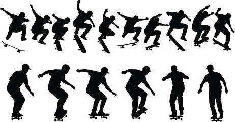 Skateboarder silhouettes set showing skaters performing jumps, tricks and freestyle skateboarding isolated black vector illustration collection for extreme sport design © Hello there