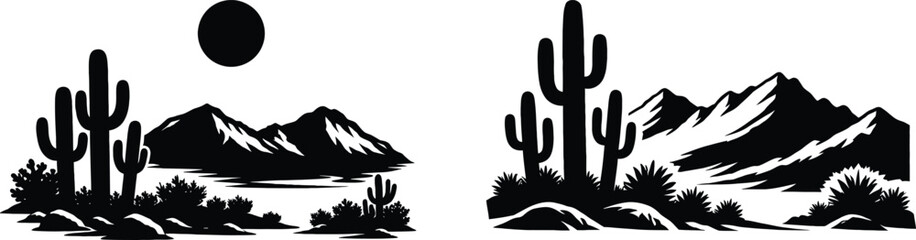 Obraz premium Saguaro cactus and desert mountain peaks landscape silhouette vector set with sun. Rugged mountain ranges, and arid wilderness elements.