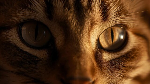 Gazing adult tabby cat holding steady gaze at interior close-up, showing vertical slit pupils