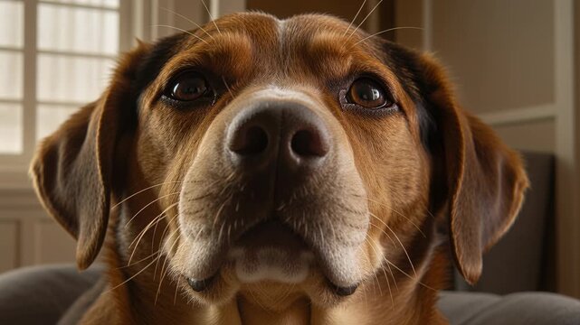 Sniffing medium brown and white hound pulling head back in living room, showing wet nose, whiskers