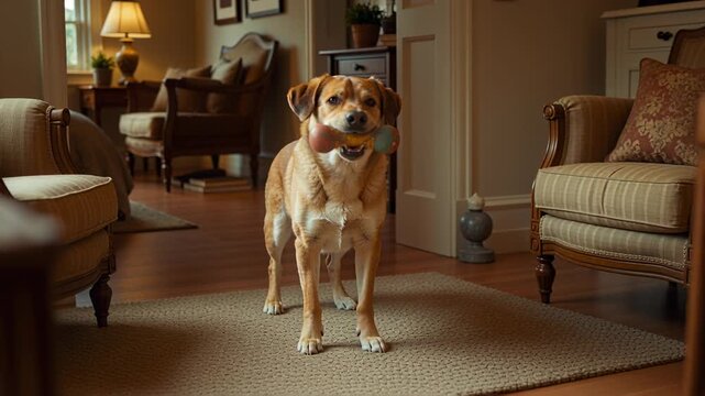Standing medium-sized light brown dog holding worn dumbbell chew toy in living room, with area rug
