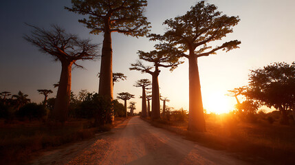 Obraz premium Majestic baobab trees line a dirt road as a vibrant orange sunset casts long shadows, highlighting the unique silhouettes of ancient giants in a serene savanna