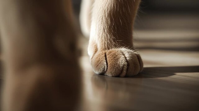Cat front paws shifting weight, stepping across sunlit floor and moving forward for pet care