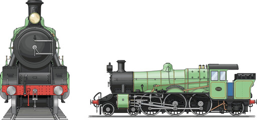 Vintage steam locomotive train vector illustration with front and side views, classic railway engine isolated for transportation history design © Hello there