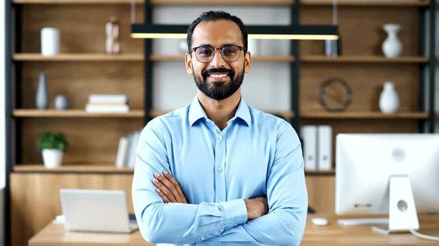 Confident man in office setting smiling.