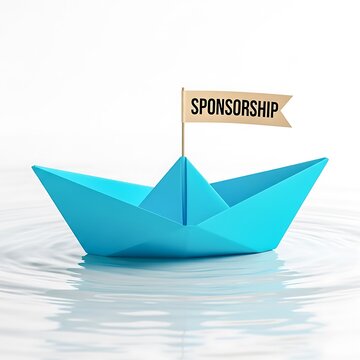 A blue origami boat floats on water with a sponsorship flag on top. isolated on white background