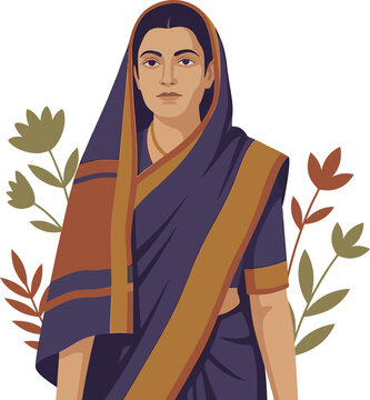 Portrait of a beautiful traditional Indian woman wearing a classic purple saree with golden borders standing proudly surrounded by decorative nature floral leaves.