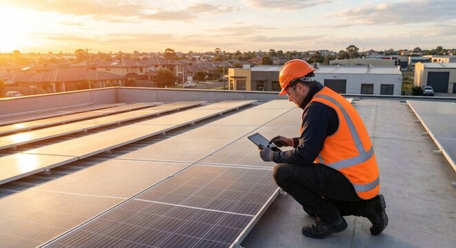 Solar panel technician inspecting rooftop array at golden hour