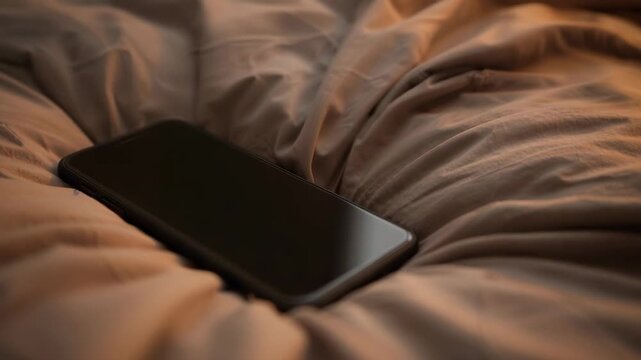 Vertical video: Shifting camera focus and moving warm light showing black phone on duvet in bedroom