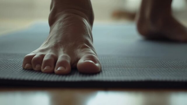 Person stepping forefoot onto textured mat, initiating fitness posture while toes gripping floor