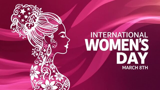 Dynamic pink abstract wavy background celebrating international women's day march eighth with elegant female silhouette graphic motion