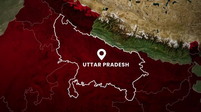 Uttar Pradesh India map animation. Highlighted Uttar Pradesh state with location marker on India map geography concept