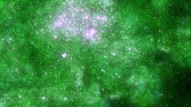 Underwater green algae bloom with drifting particles and sunlight shimmer