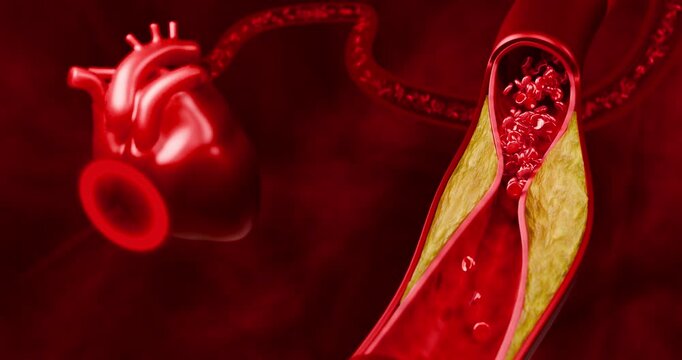 Artery clogged by unhealthy junk food, sugary drinks, and alcohol, illustrating serious cardiovascular risks, atherosclerosis, and heart disease problems in human blood vessels. 3D rendering.
