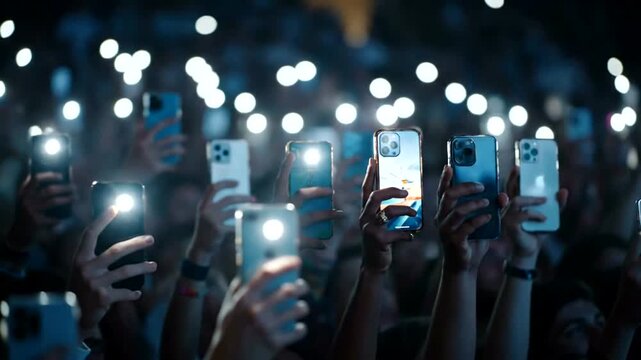 Crowd holding up smartphones with flashlights on at a concert or event creating a sea of lights.