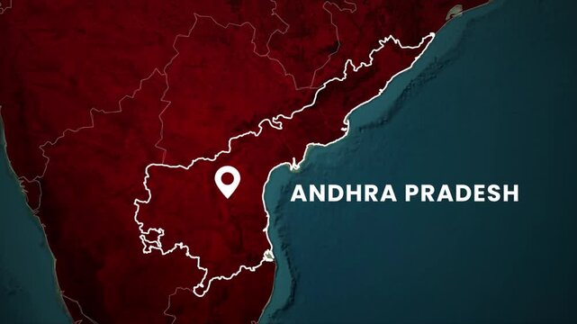 Andhra Pradesh map highlighted animation video. State location marked on India map with glowing outline and modern geographic style 