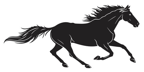 Black horse silhouette running with flowing mane and tail © Mamun
