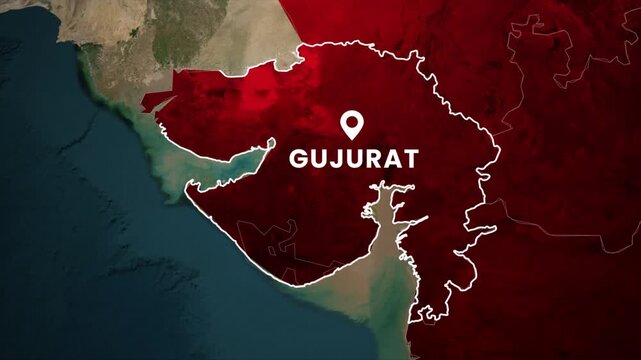 Gujarat India map animation. Highlighted Gujarat state with location marker on India map geography concept