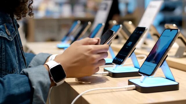 Customer examining smartphones on display in electronics store.