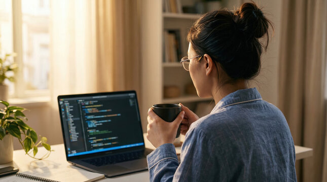 Female Programmer Viewed from Behind Coding on Laptop with Code on Dark Screen