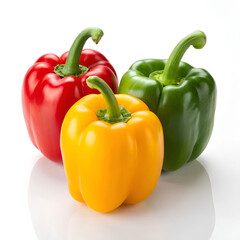 photography of three fresh bell peppers, vibrant red, yellow, and green.