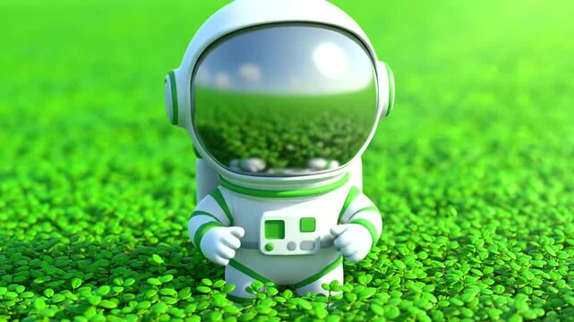 Cute cartoon astronaut standing in a field of green grass.