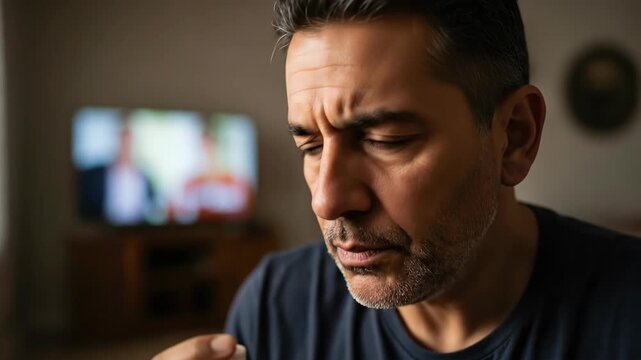 Caucasian man applying nasal spray for illness relief, displaying discomfort while focusing on self-care at home.