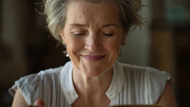 Raising worn book senior reading aloud and smiling from passage with rings drop-earrings sleeveless